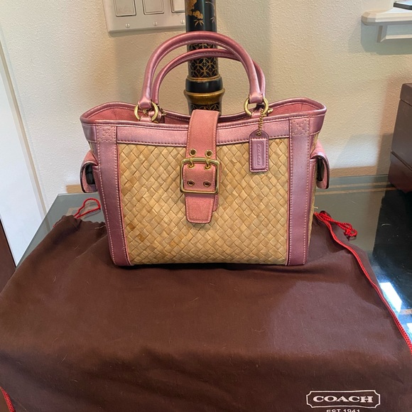 COACH STRAW/LEATHER HANDBAG PREOWNED Pink/tan - Picture 6 of 10